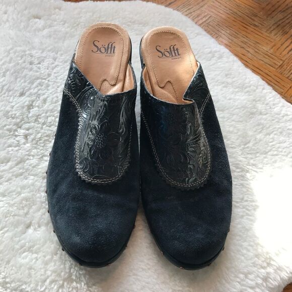 Sofft 9.5 Blue Suede Tooled Leather Heeled Mule - Picture 1 of 7